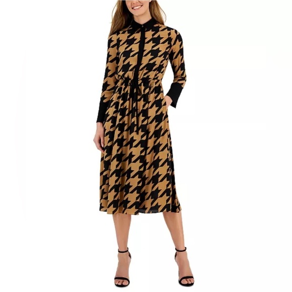 NWOT Anne Klein Houndstooth Black Brown Printed Drawstring Shirt Dress Size 6 - Picture 2 of 10